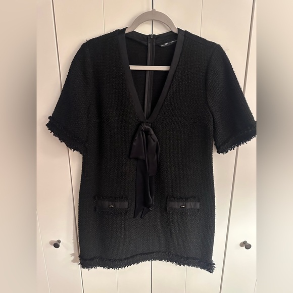 Zara Black Bouclé Mini Dress with Satin Bow | Size M - Picture 2 of 3